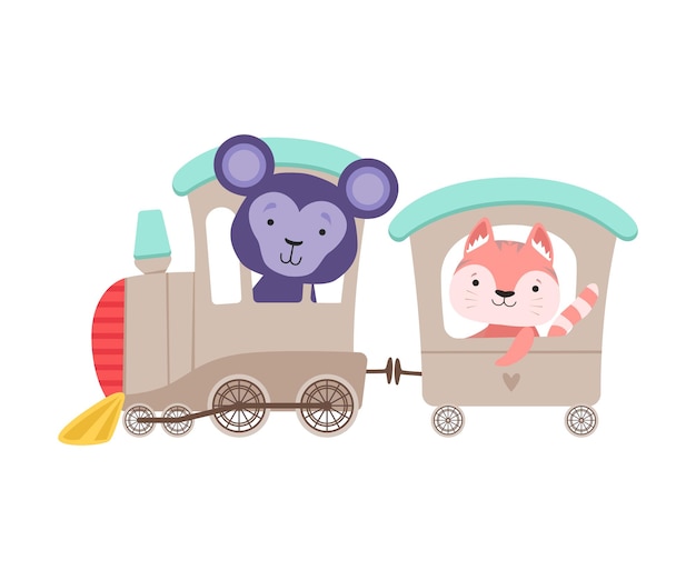 Vector cheerful bucket ears monkey and whiskered cat driving toy wheeled train vector illustration