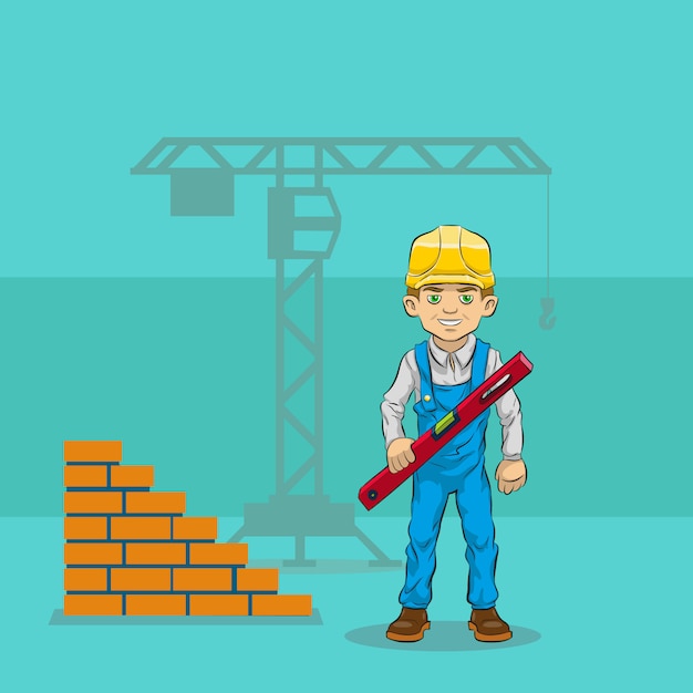 Cheerful builder holding a bubble level