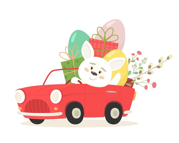 Cheerful bunny in a car with eggs and gifts. Happy Easter.