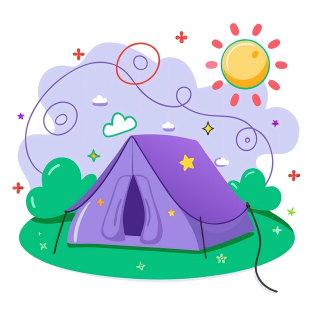 Vector cheerful camping scene with a purple tent and sun