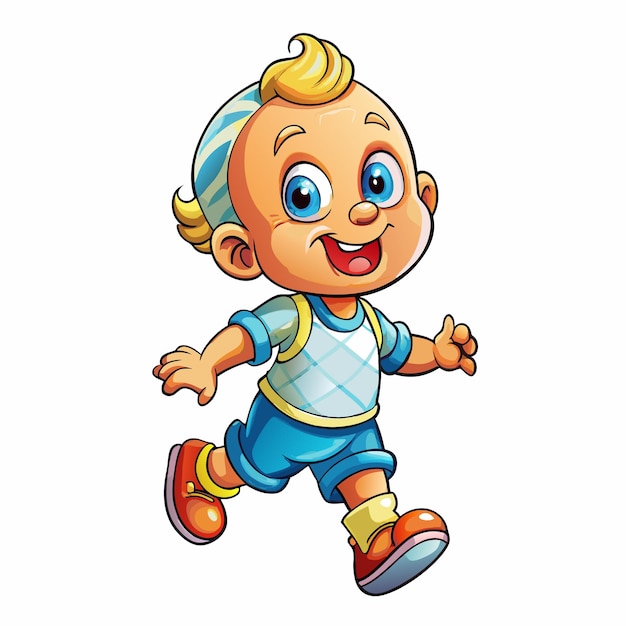 Vector a cheerful cartoon boy wearing a blue and white shirt blue shorts and red shoes is walking with a smile