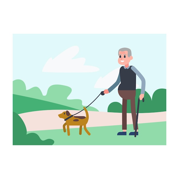 Cheerful cartoon character of old man walking with dog in park