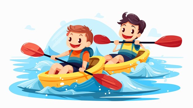 Vector cheerful cartoon children enjoying a competitive kayaking race