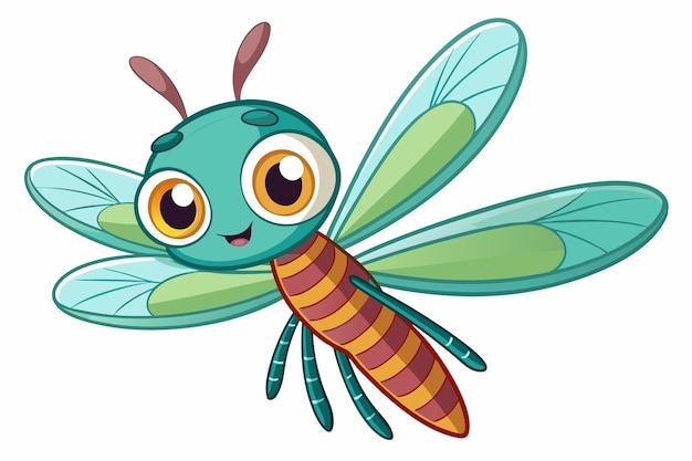 Vector a cheerful cartoon dragonfly with large eyes and vibrant colors flies joyfully in the air showcasing its whimsical design against a clean white backdrop