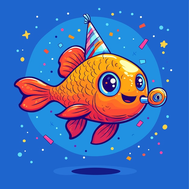 Vector cheerful cartoon fish celebrating with a party whistle vector illustration