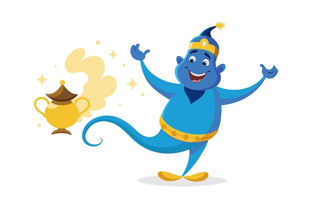 Vector cheerful cartoon genie emerging from a magical lamp granting a wish with a happy expression