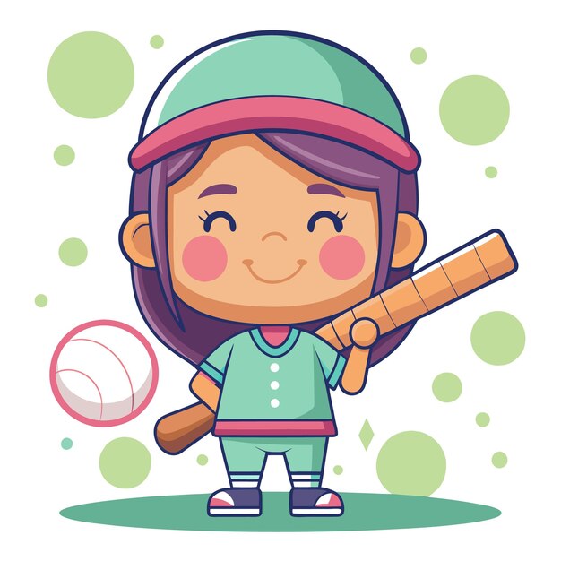 Vector a cheerful cartoon girl holding a baseball bat and ball