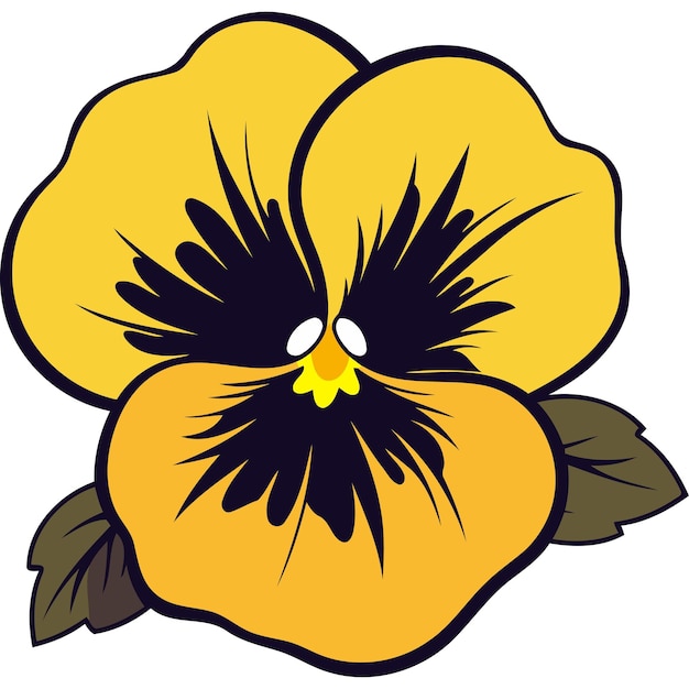 A cheerful cartoon illustration of a yellow pansy flower with a black center