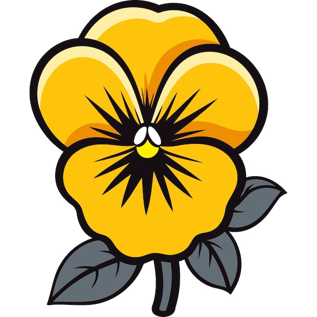 A cheerful cartoon illustration of a yellow pansy flower with green leaves