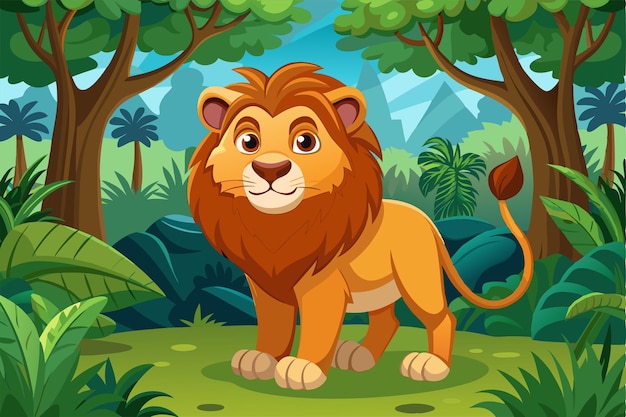 A cheerful cartoon lion stands proudly amidst the dense jungle surrounded by lush greenery and sunlight Lion in the jungle Vector illustration of a cartoon animal