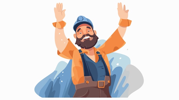 Cheerful Cartoon Miner Waving in Flat Style Illustration