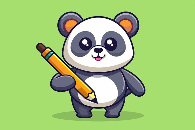 Vector a cheerful cartoon panda stands confidently holding a yellow pencil and smiling set against a vibrant green background that adds a lively touch