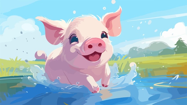 Cheerful Cartoon Pig Jumping and Smiling in 2D Flat Illustration