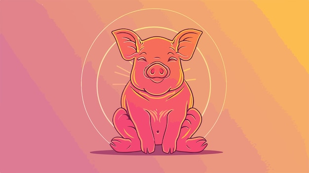 Vector cheerful cartoon pig sitting in a warm gradient line drawing