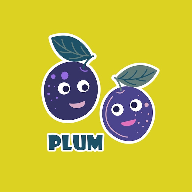 Cheerful cartoon plums in bright colors