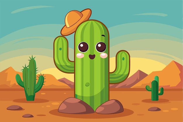 Vector a cheerful cartoon saguaro cactus wearing a hat stands in a vibrant desert at sunset surrounded by hills customizable cartoon illustration of a saguaro cactus