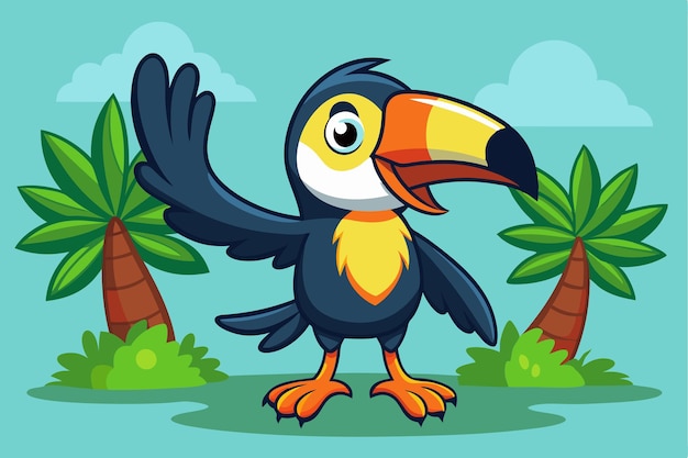 Vector a cheerful cartoon toucan waves enthusiastically standing amidst vibrant palm trees under a bright blue sky