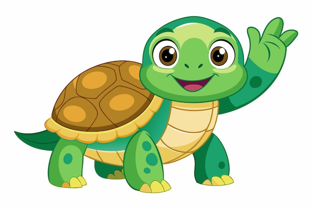 Vector a cheerful cartoon turtle is waving with a friendly smile showcasing a joyful and playful demeanor on a bright white background