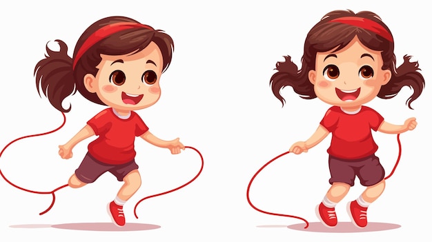 Cheerful Cartoon Vector of a Happy Cute Kid Girl Playing Jump Rope