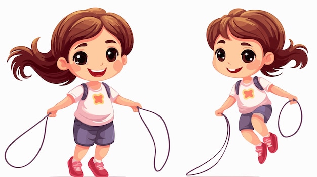 Cheerful Cartoon Vector of a Happy Cute Kid Girl Playing Jump Rope