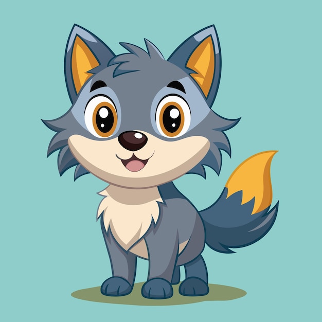 Vector a cheerful cartoon wolf with large eyes and a playful grin stands on green grass showcasing its fluffy tail and bright features in a colorful animated style