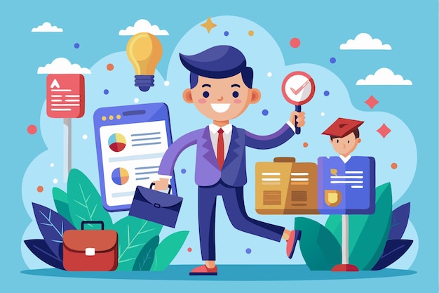 A cheerful character searches for job opportunities while holding a magnifying glass surrounded by colorful resources Job hunt Customizable Cartoon Illustration