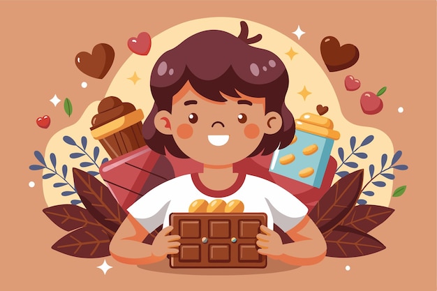 Vector a cheerful child enjoys customizable chocolate treats surrounded by vibrant decorations for world chocolate day world chocolate day customizable disproportionate illustration