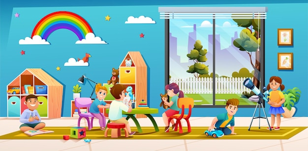 Cheerful children playing together in kindergarten classroom cartoon illustration