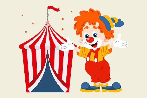 Cheerful clown invites to the circus Cute clown and big top Colorful cartoon illustration vector