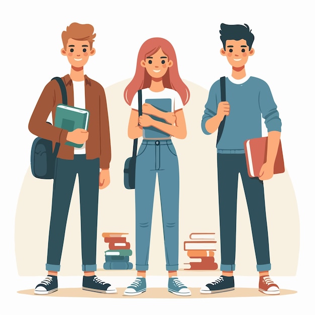 Cheerful college students with books and backpacks standing together