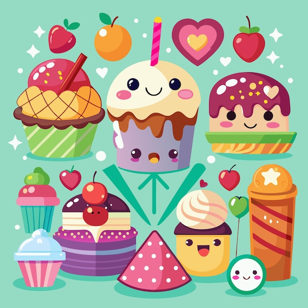 Vector a cheerful and colorful illustration of various sweets and desserts including cupcakes cakes and a party hat