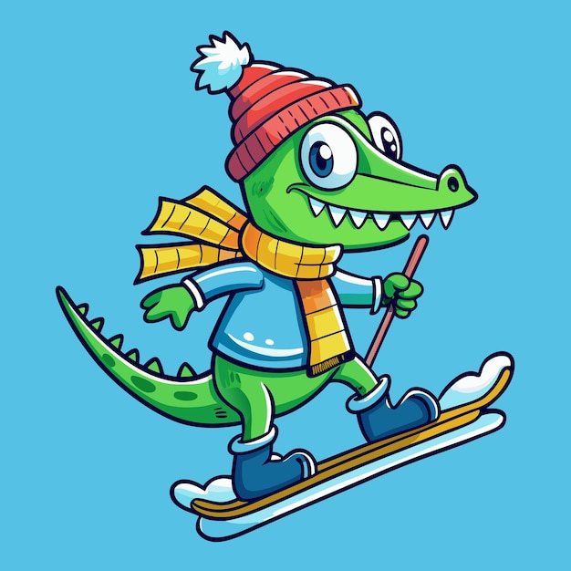 Cheerful Crocodile Playing Ice Ski Cartoon Vector Illustration