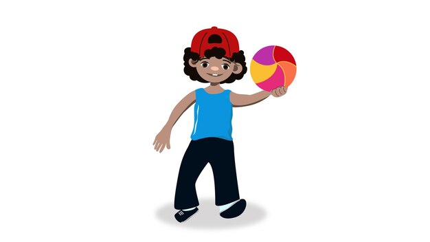 Vector cheerful curly boy in a cap holds a ball in his hand