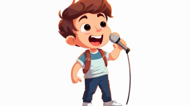 Vector cheerful cute kid boy singing a song in cartoon style vector illustration