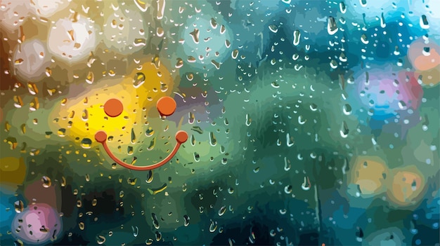 Vector cheerful cute smiley face drawn on window against blurred background