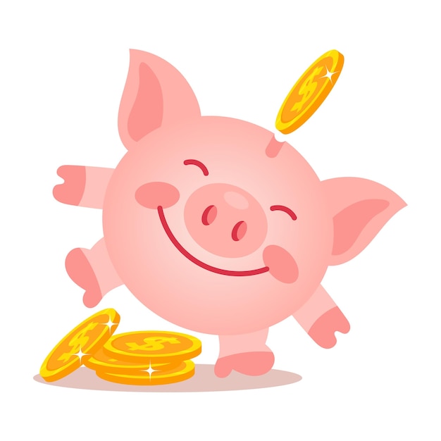 Cheerful dancing piggy bank and gold coins dollars. Finance and business concept. Illustration