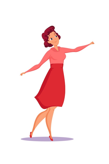 Cheerful dancing woman in vintage old fashioned clothes character