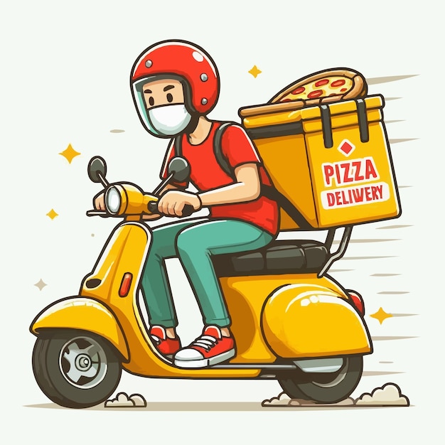 A cheerful delivery person wearing a red helmet and a mask riding a yellow scooter with pizza bag