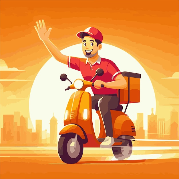 Cheerful Delivery Rider on a ScooterA playful vector cartoon illustration of food service