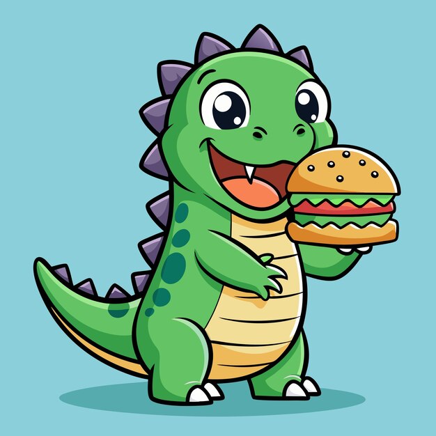 Vector cheerful dino holding a big burger cartoon vector illustration