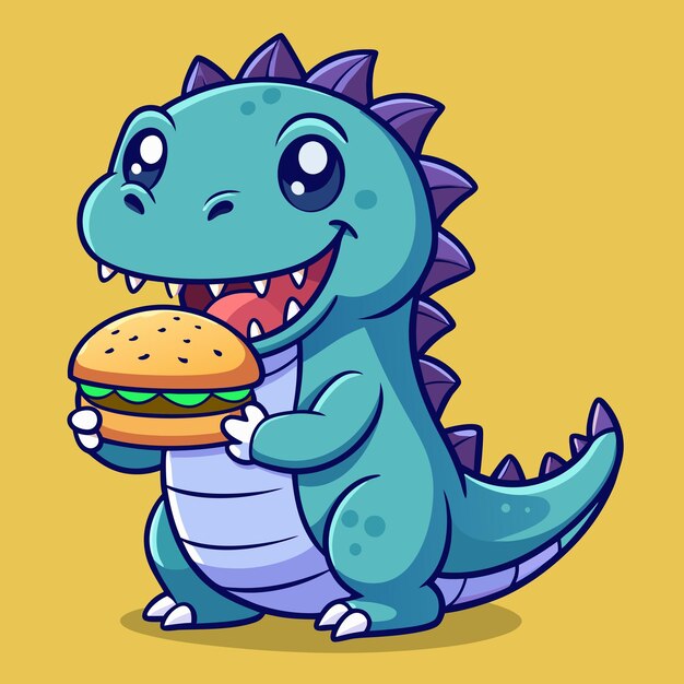 Vector cheerful dinosaur with a tasty burger cartoon vector illustration