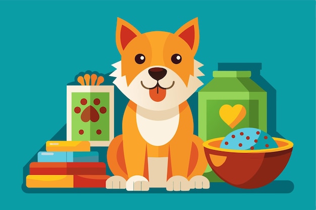 Vector a cheerful dog sits in front of a variety of customizable pet food options and treats pet food customizable semi flat illustration