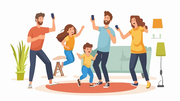 Vector cheerful family filming joyful dance on mobile phone