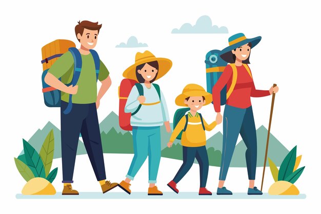 Vector a cheerful family of four is depicted on a hiking adventure in the mountains they are all wearing backpacks and enjoying the beautiful scenery