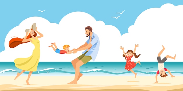 The cheerful family taking a rest on a sandy shore in the seaside