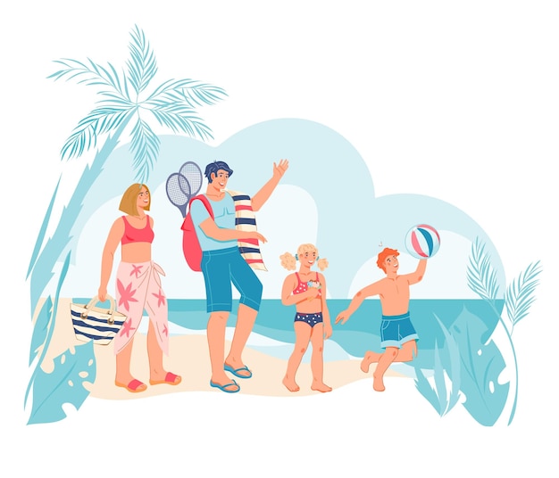 Cheerful family with children on tropical beach flat vector illustration isolated