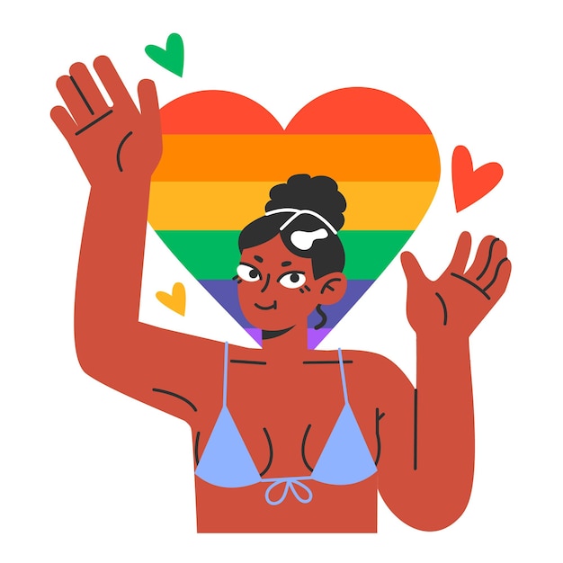 Vector cheerful female character with rainbow heart celebrate pride month