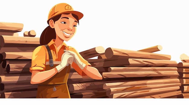 Vector cheerful female inspector examining stacked planks