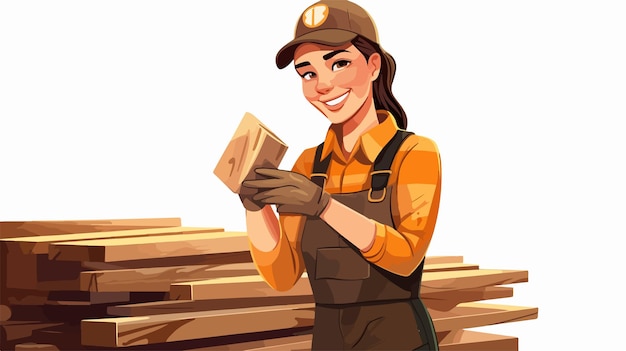 Cheerful Female Inspector Examining Stacked Planks