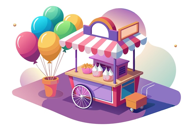 A cheerful food cart with balloons and a sign offering snacks like popcorn fries and ice cream